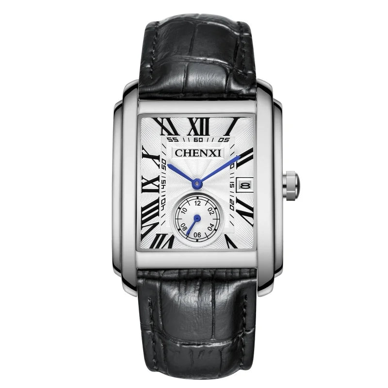 Chenxi 8216 relógios de quartzo casuais masculinos elegante mostrador quadrado pulseira de couro à prova d'água calendário simples relógio de pulso masculino de negócios