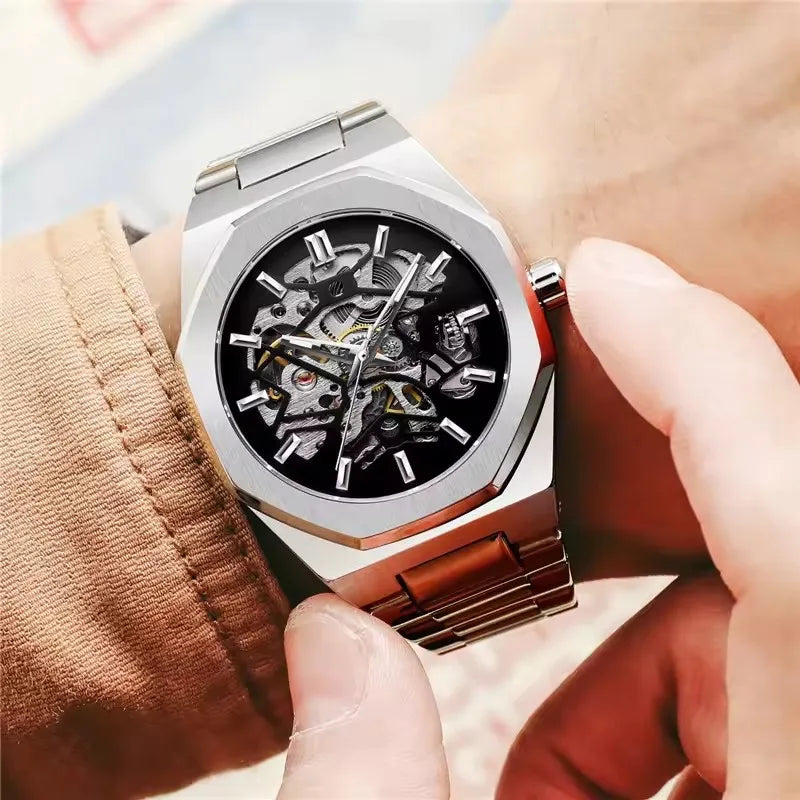 Forsining 344d moda esqueleto relógio mecânico masculino ponteiro de movimento automático luz noturna relógio de aço avançado masculino