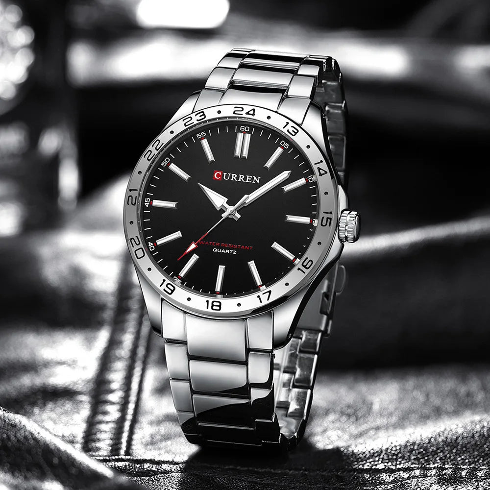 Curren 8452 relógio de quartzo masculino simples moda lazer relógio de negócios preto prateado pulseira de aço inoxidável relógio de pulso para masculino