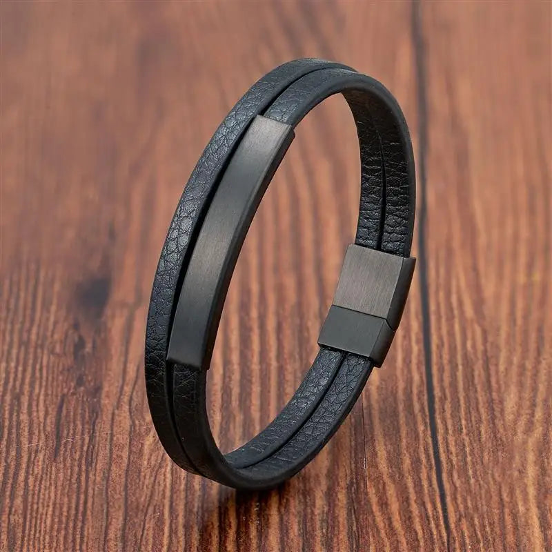 Simple Style Men's Black Genuine Leather Bracelet Classic Stainless Steel Insert Double-layer Braid Bangles For Men Friend Gift