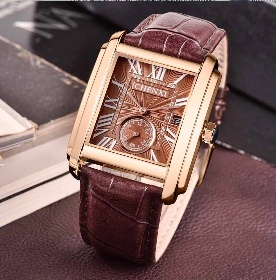 Chenxi 8216 relógios de quartzo casuais masculinos elegante mostrador quadrado pulseira de couro à prova d'água calendário simples relógio de pulso masculino de negócios