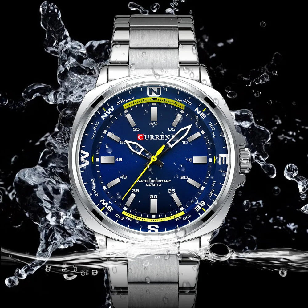 Curren 8455 relógio de quartzo masculino lazer negócios moda preto prateado display analógico pulseira de aço inoxidável para relógio masculino