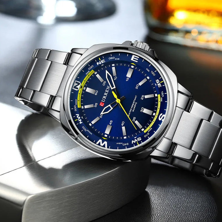Curren 8455 relógio de quartzo masculino lazer negócios moda preto prateado display analógico pulseira de aço inoxidável para relógio masculino