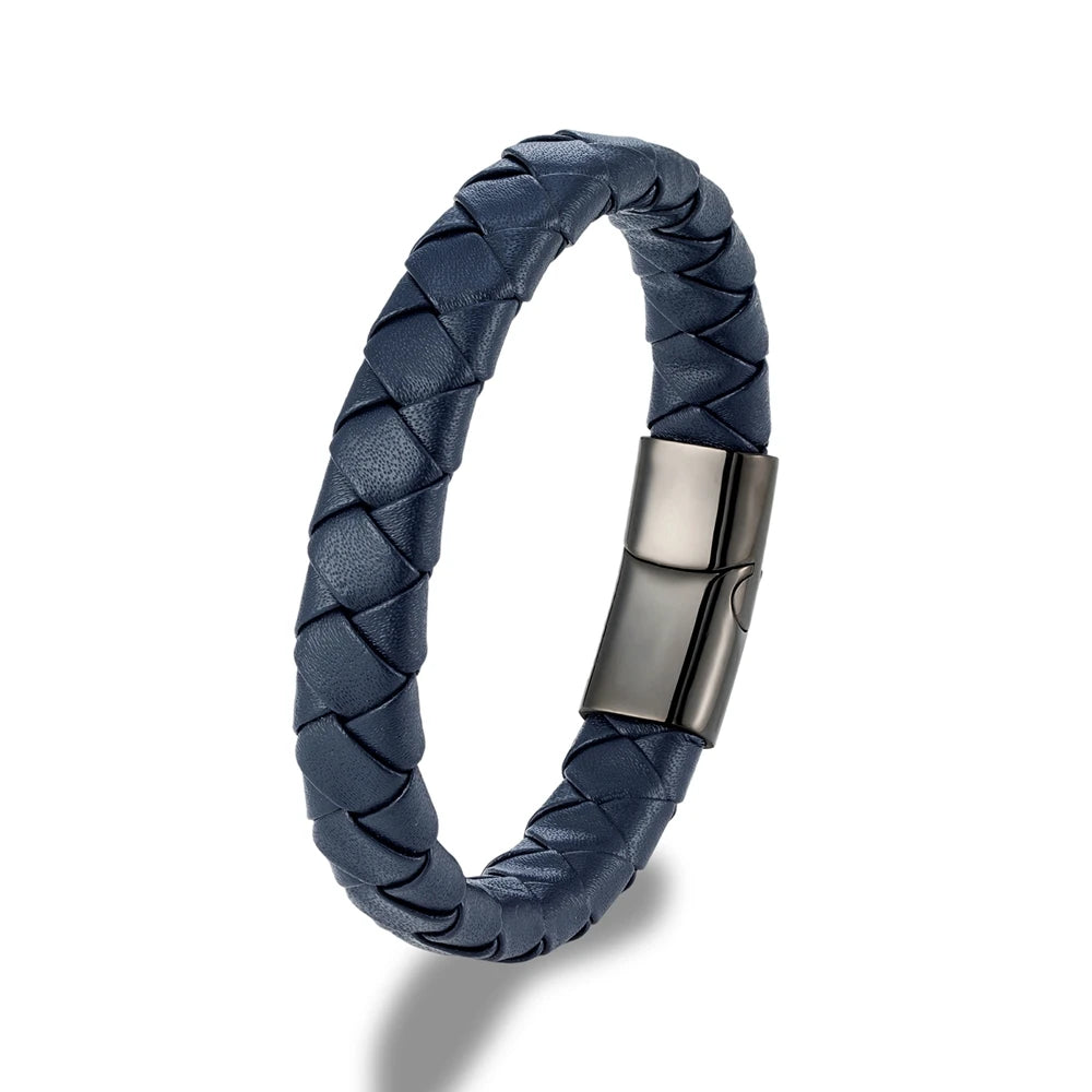 MKENDN Simple Style Men Women Braided Genuine Orange Leather Bracelet Black Stainless Steel Magnetic Buckle Bracelet Gifts Homme