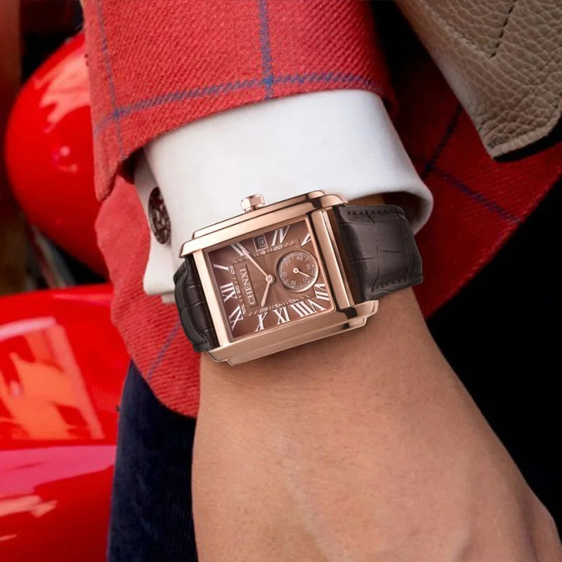Chenxi 8216 relógios de quartzo casuais masculinos elegante mostrador quadrado pulseira de couro à prova d'água calendário simples relógio de pulso masculino de negócios