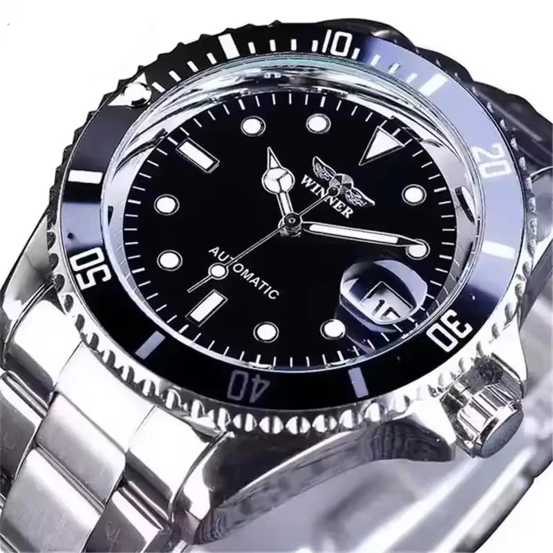 Vencedor 002 relógio mecânico automático masculino avançado à prova dwaterproof água pulseira de aço inoxidável calendário luz noturna relógio de luxo masculino