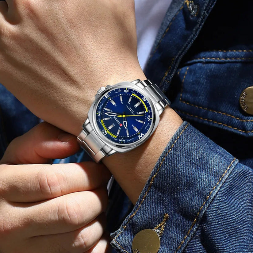 Curren 8455 relógio de quartzo masculino lazer negócios moda preto prateado display analógico pulseira de aço inoxidável para relógio masculino