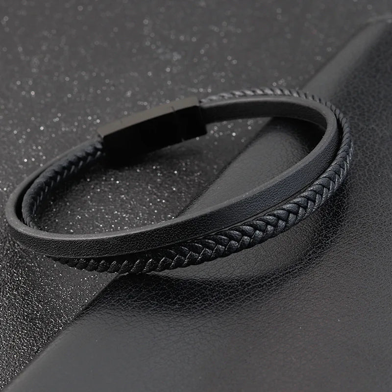 Simple Style Men's Black Genuine Leather Bracelet Classic Stainless Steel Insert Double-layer Braid Bangles For Men Friend Gift