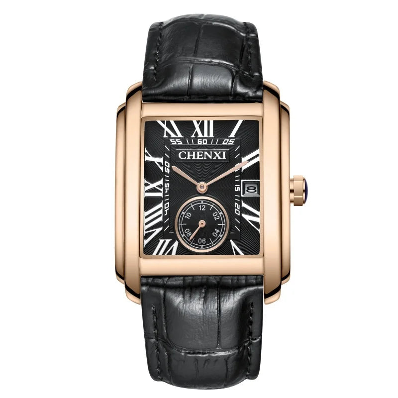Chenxi 8216 relógios de quartzo casuais masculinos elegante mostrador quadrado pulseira de couro à prova d'água calendário simples relógio de pulso masculino de negócios