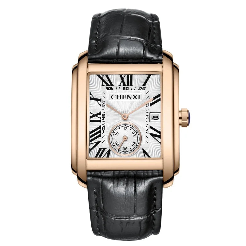 Chenxi 8216 relógios de quartzo casuais masculinos elegante mostrador quadrado pulseira de couro à prova d'água calendário simples relógio de pulso masculino de negócios