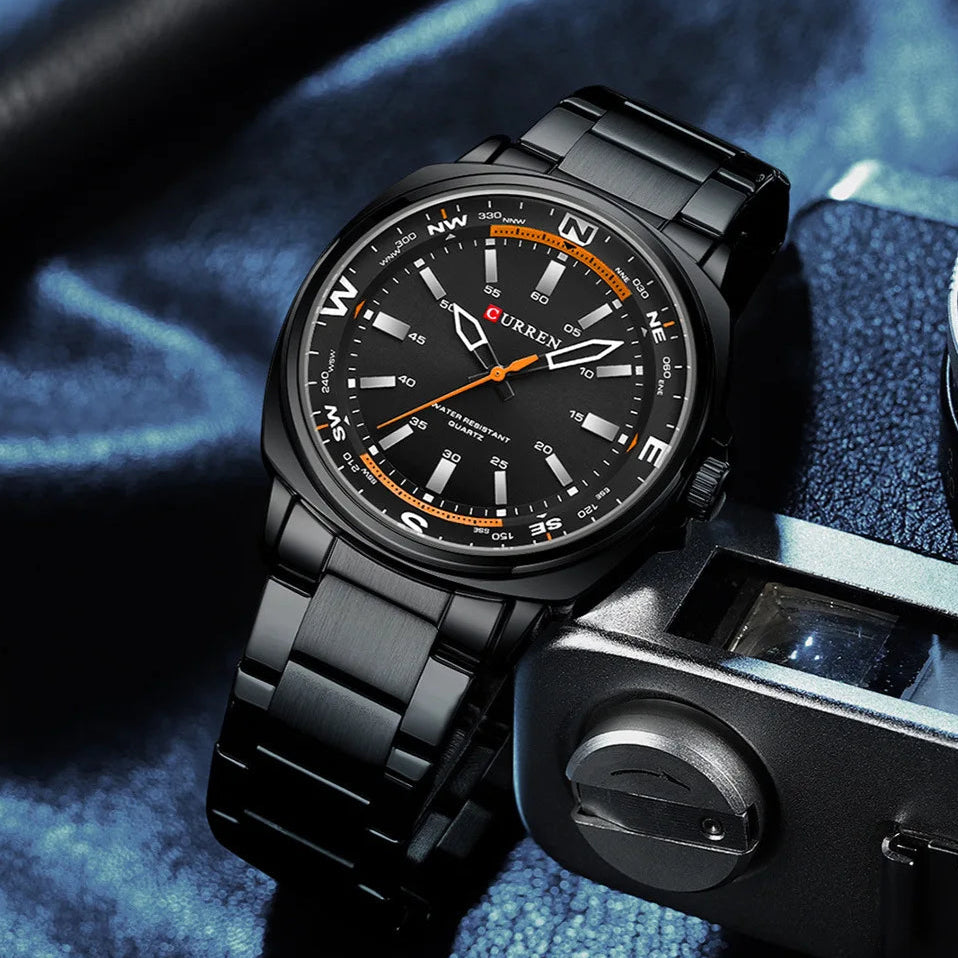 Curren 8455 relógio de quartzo masculino lazer negócios moda preto prateado display analógico pulseira de aço inoxidável para relógio masculino