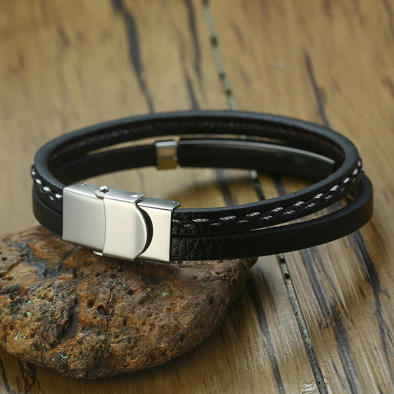 Vnox Unique Sew Lines Genuine Leather Bracelets for Men Women Stainless Steel Bar Layered Bangle Causal Pulseira