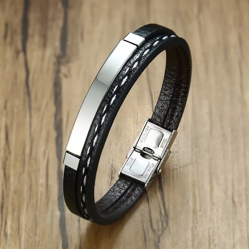 Vnox Unique Sew Lines Genuine Leather Bracelets for Men Women Stainless Steel Bar Layered Bangle Causal Pulseira