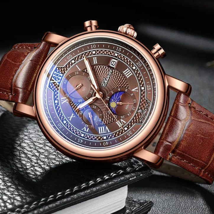 CHENXI-Relógio de quartzo de couro 976 masculino, fase da lua, cronógrafo luminoso, relógio de pulso comercial, relógio de pulso comercial