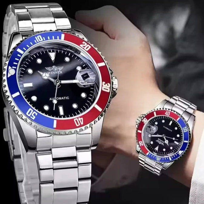 Vencedor 002 relógio mecânico automático masculino avançado à prova dwaterproof água pulseira de aço inoxidável calendário luz noturna relógio de luxo masculino