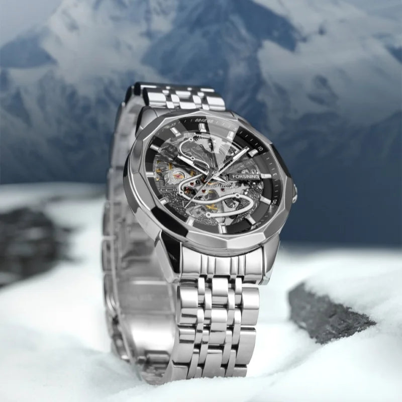 Forsining 468a relógios mecânicos automáticos para homem marca elegante luminosa simples pulseira de aço relógio de negócios reloj hombre