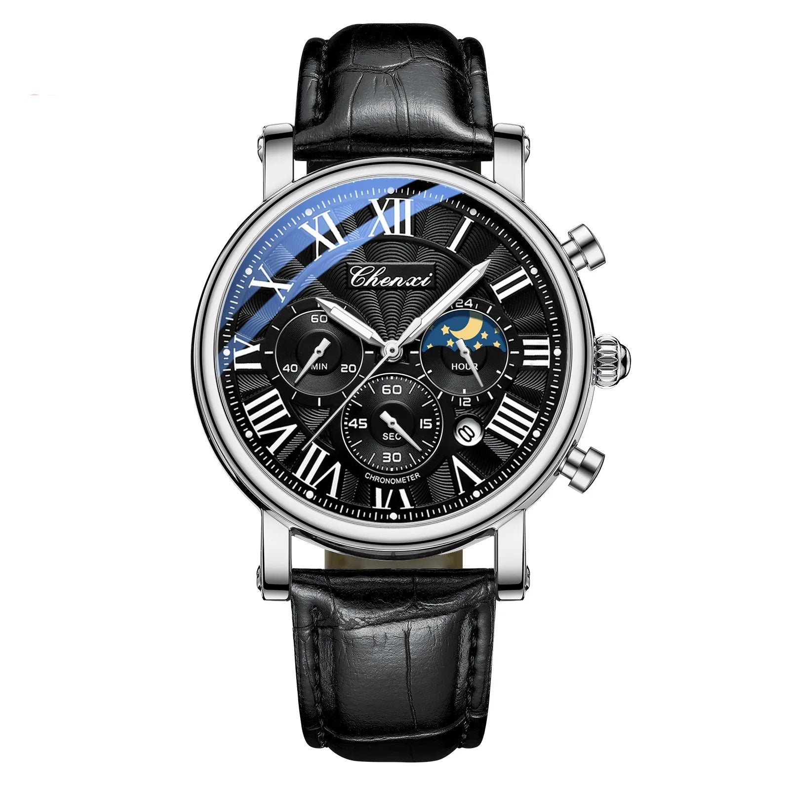 Chenxi 973 relógio de quartzo masculino moda negócios fase da lua data multifuncional cronógrafo pulseira de couro relógio de pulso para masculino