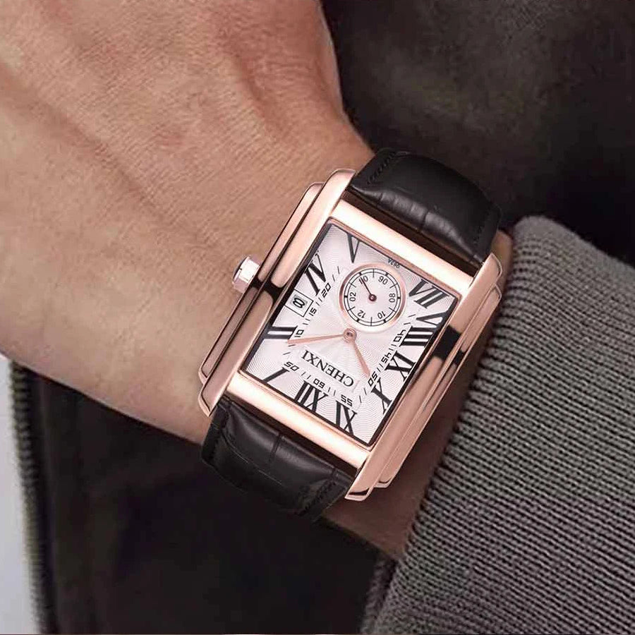 Chenxi 8216 relógios de quartzo casuais masculinos elegante mostrador quadrado pulseira de couro à prova d'água calendário simples relógio de pulso masculino de negócios