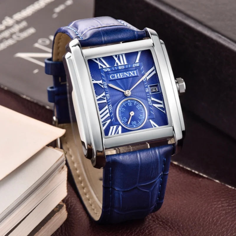 Chenxi 8216 relógios de quartzo casuais masculinos elegante mostrador quadrado pulseira de couro à prova d'água calendário simples relógio de pulso masculino de negócios