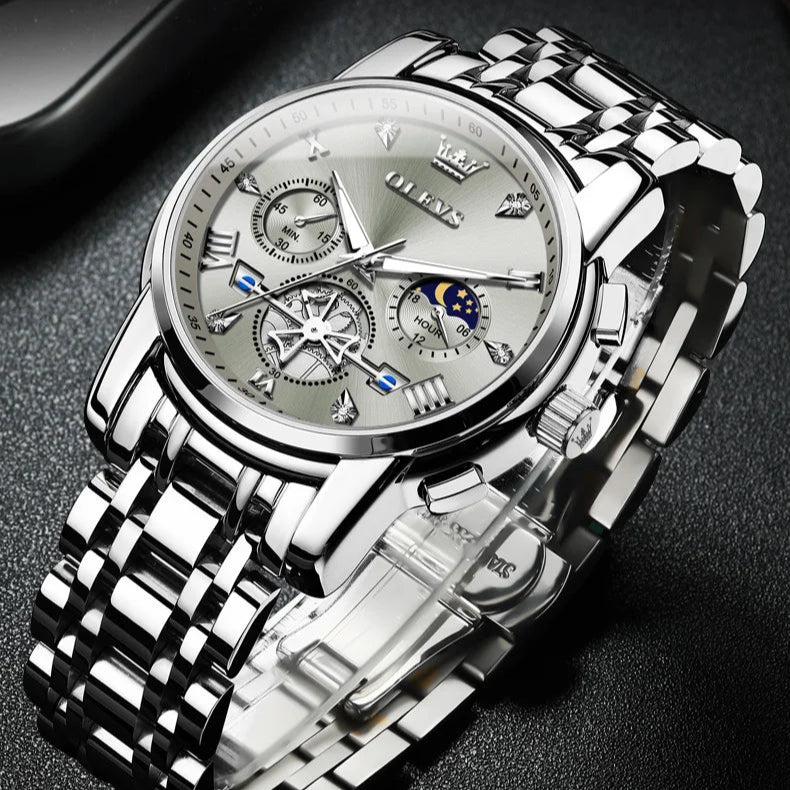 OLEVS 2856 Men's Watches Classic Multifunctional Fltwheel Chronograph Original Quartz Wristwatch Moon Phase 24 Hour Waterproof