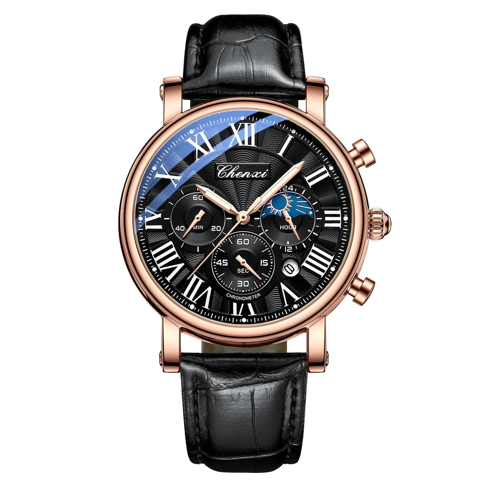 Chenxi 973 relógio de quartzo masculino moda negócios fase da lua data multifuncional cronógrafo pulseira de couro relógio de pulso para masculino