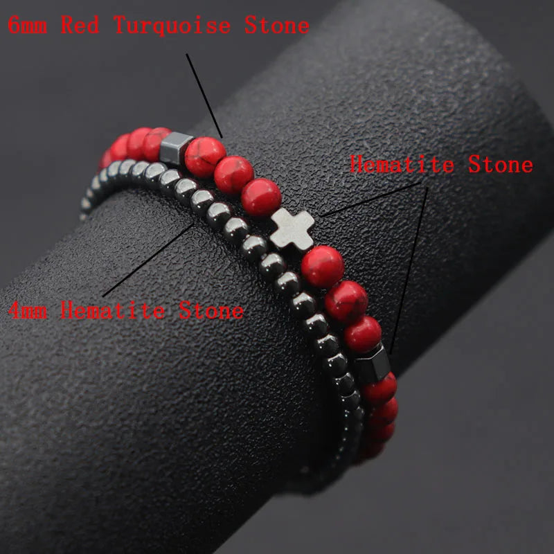 2pcs Men Bracelet Set Hematite Cross Braslet For Hombre Natural Lava Tiger Eyes Stone Braclet Homme Beaded Brazalete Pulseira
