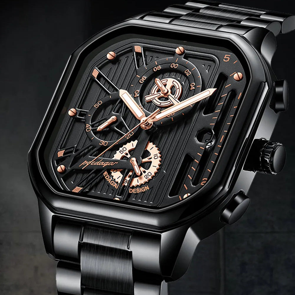 Poedagar homem relógio de pulso moda luminosa à prova dwaterproof água cronógrafo data relógio masculino quadrado aço inoxidável quartzo relógios masculinos reloj