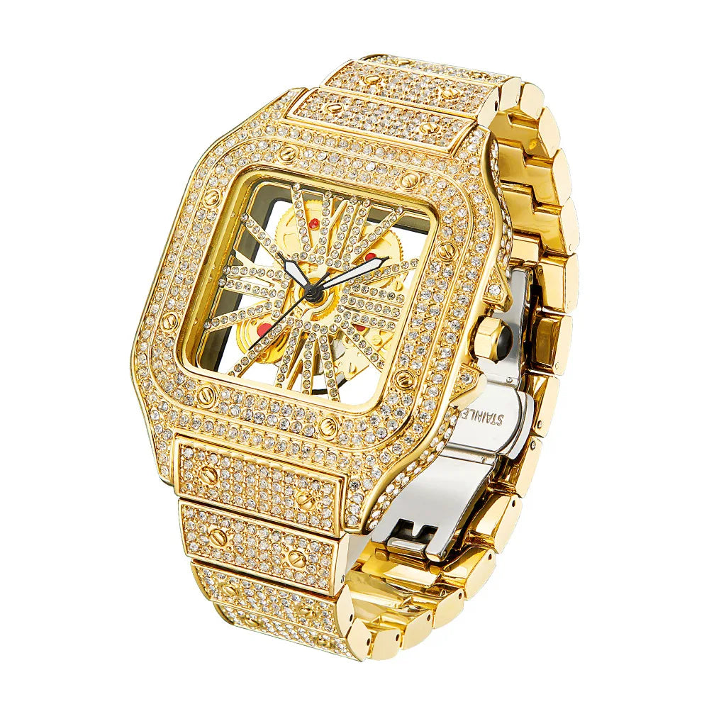 THAI-Relógio de quartzo quadrado impermeável masculino, luxo, oco, Hip Hop, diamante completo, metal, relógio, presente, W86, moda, novo, 2024