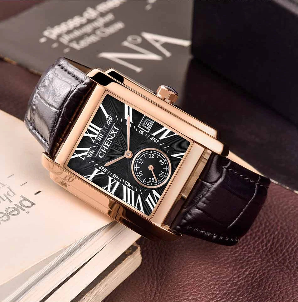 Chenxi 8216 relógios de quartzo casuais masculinos elegante mostrador quadrado pulseira de couro à prova d'água calendário simples relógio de pulso masculino de negócios