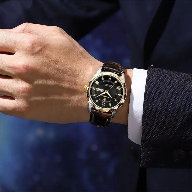 Poedagar luxo homem de negócios relógio de pulso à prova dwaterproof água luminosa data semana relógio masculino para homem relógio de quartzo couro relógios masculinos reloj