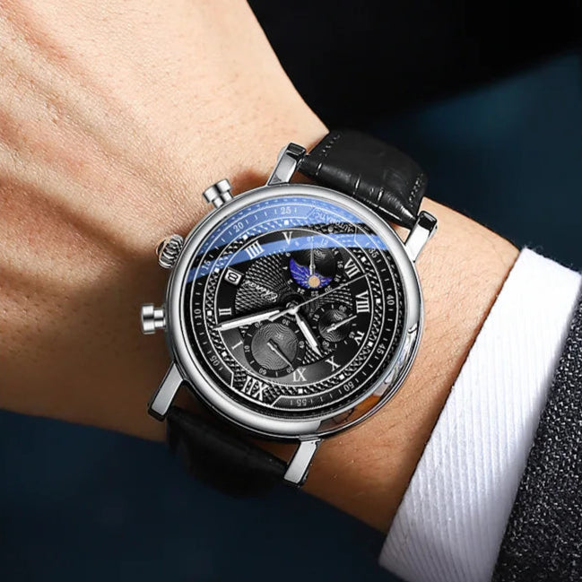 CHENXI-Relógio de quartzo de couro 976 masculino, fase da lua, cronógrafo luminoso, relógio de pulso comercial, relógio de pulso comercial