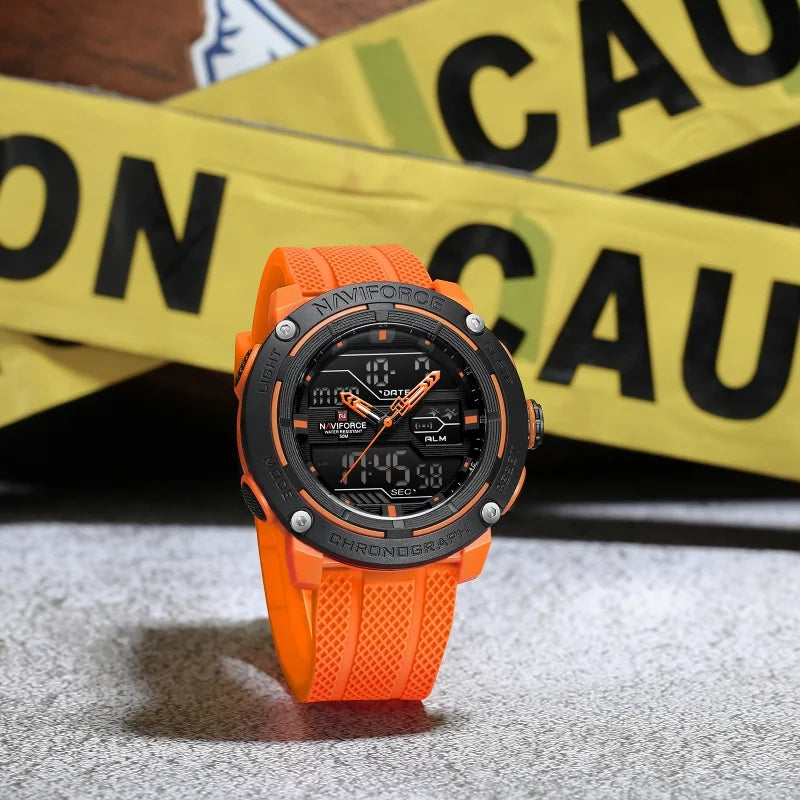 NAVIFORCE 7114 Relógio de pulso eletrônico de quartzo masculino com display duplo calendário pulseira de silicone à prova d'água relógios esportivos casuais para homens