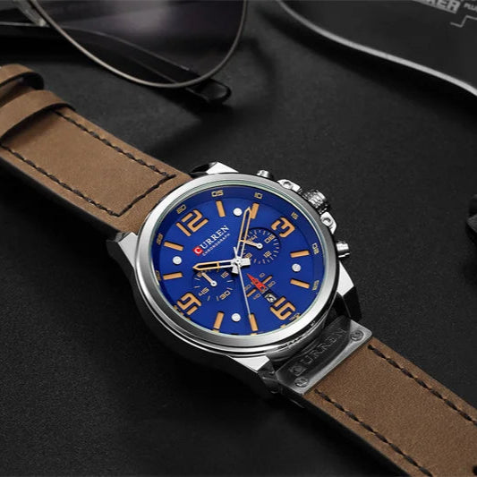 Curren 8314 relógio de quartzo masculino da moda, calendário esportivo exclusivo, pulseira de couro luminosa à prova d'água, relógio casual masculino, presente de aniversário