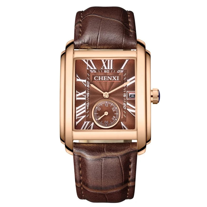 Chenxi 8216 relógios de quartzo casuais masculinos elegante mostrador quadrado pulseira de couro à prova d'água calendário simples relógio de pulso masculino de negócios