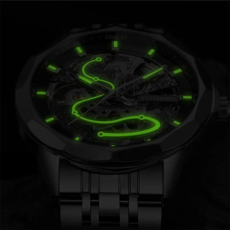 Forsining 468a relógios mecânicos automáticos para homem marca elegante luminosa simples pulseira de aço relógio de negócios reloj hombre
