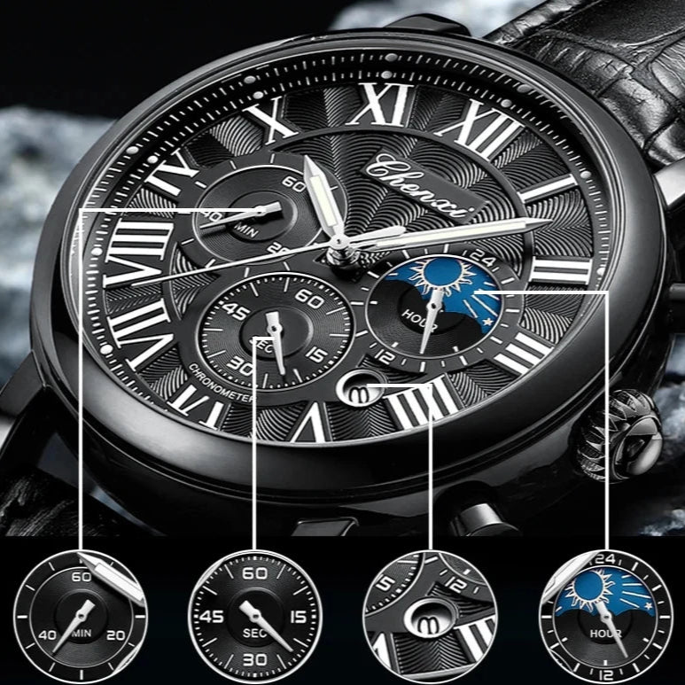 Chenxi 973 relógio de quartzo masculino moda negócios fase da lua data multifuncional cronógrafo pulseira de couro relógio de pulso para masculino