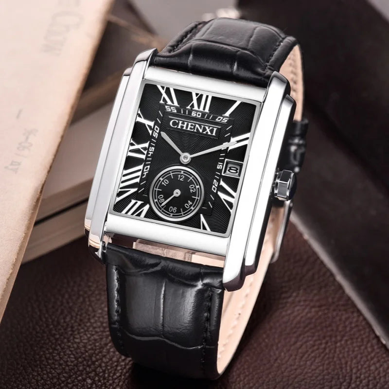 Chenxi 8216 relógios de quartzo casuais masculinos elegante mostrador quadrado pulseira de couro à prova d'água calendário simples relógio de pulso masculino de negócios