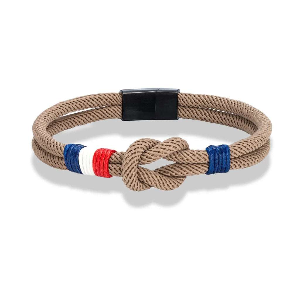 MKENDN Black Stainless Steel Square Knot Rope Bracelet Men Women Handmade Woven Double-Layer Design France Flag Couple Jewelry