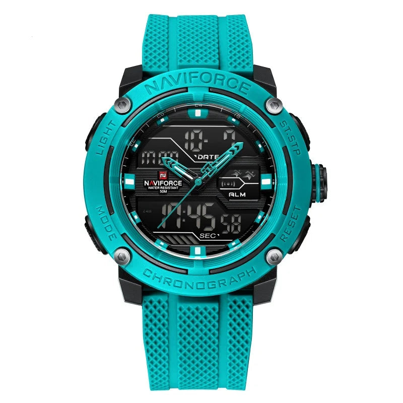 NAVIFORCE 7114 Relógio de pulso eletrônico de quartzo masculino com display duplo calendário pulseira de silicone à prova d'água relógios esportivos casuais para homens