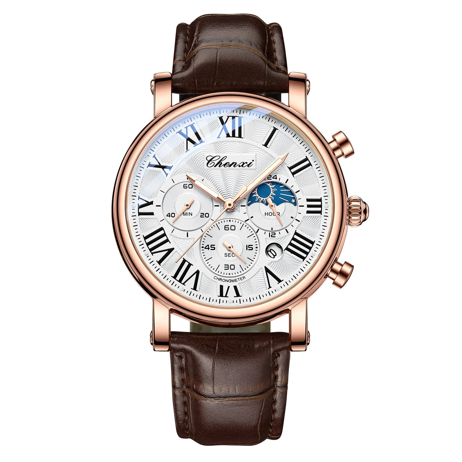 Chenxi 973 relógio de quartzo masculino moda negócios fase da lua data multifuncional cronógrafo pulseira de couro relógio de pulso para masculino
