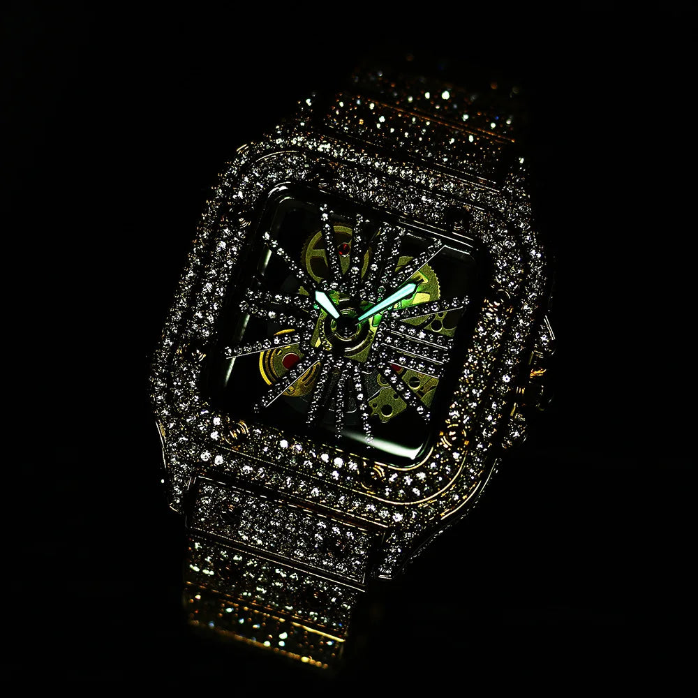 THAI-Relógio de quartzo quadrado impermeável masculino, luxo, oco, Hip Hop, diamante completo, metal, relógio, presente, W86, moda, novo, 2024