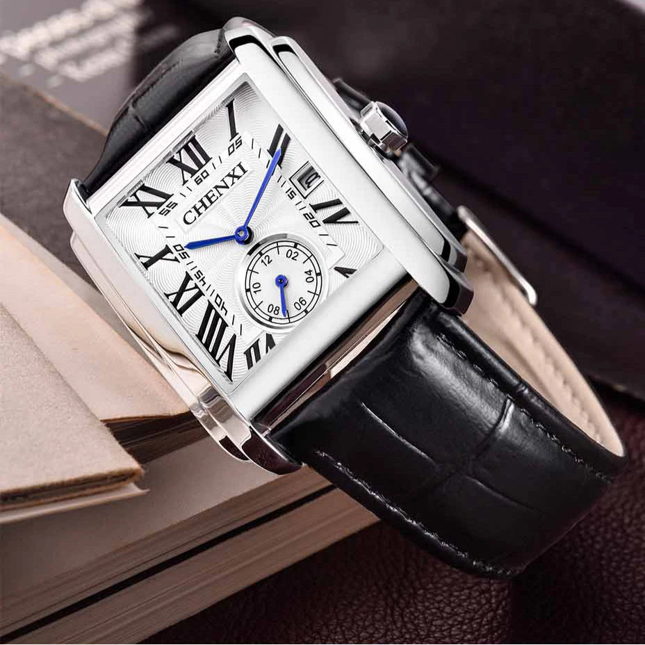 Chenxi 8216 relógios de quartzo casuais masculinos elegante mostrador quadrado pulseira de couro à prova d'água calendário simples relógio de pulso masculino de negócios