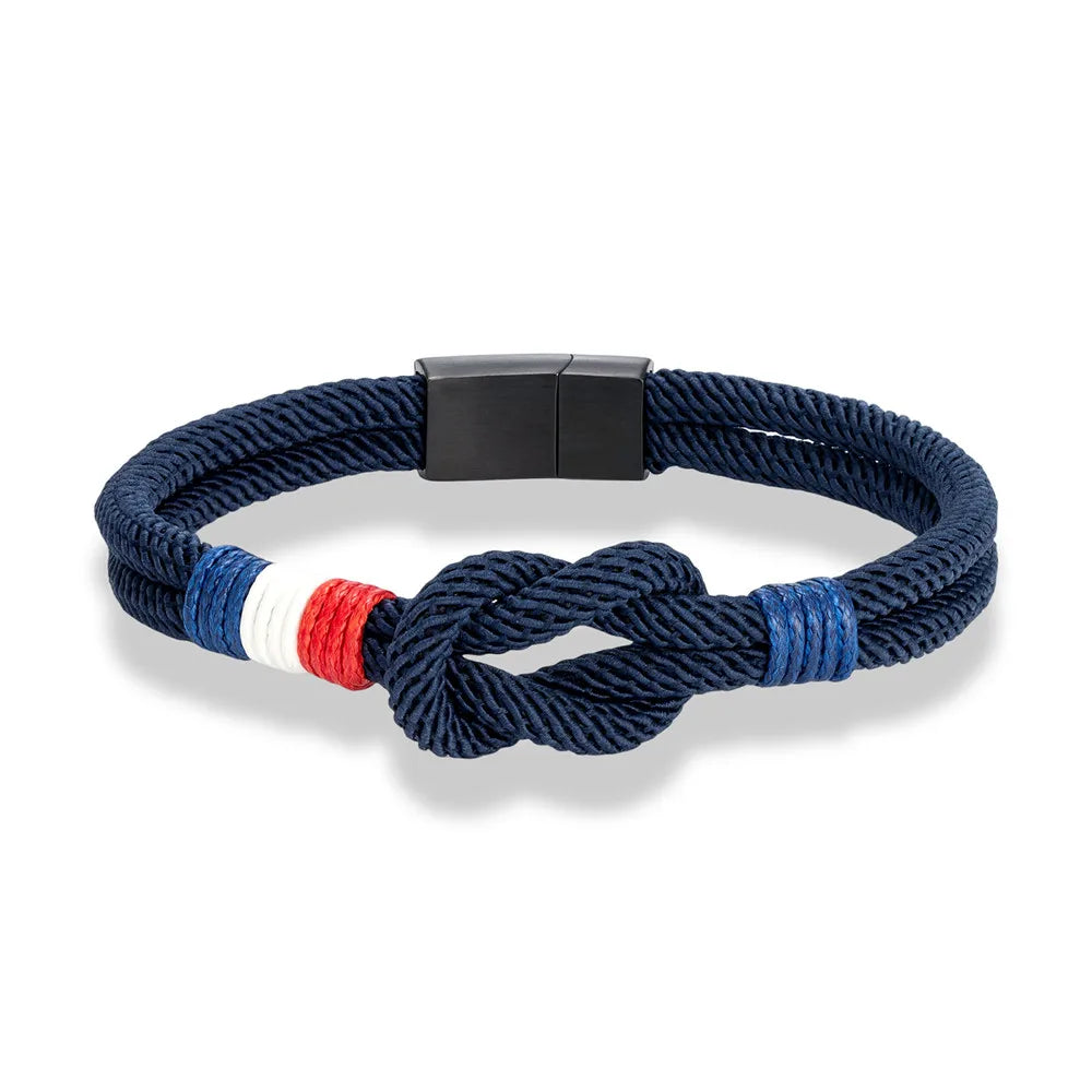 MKENDN Black Stainless Steel Square Knot Rope Bracelet Men Women Handmade Woven Double-Layer Design France Flag Couple Jewelry