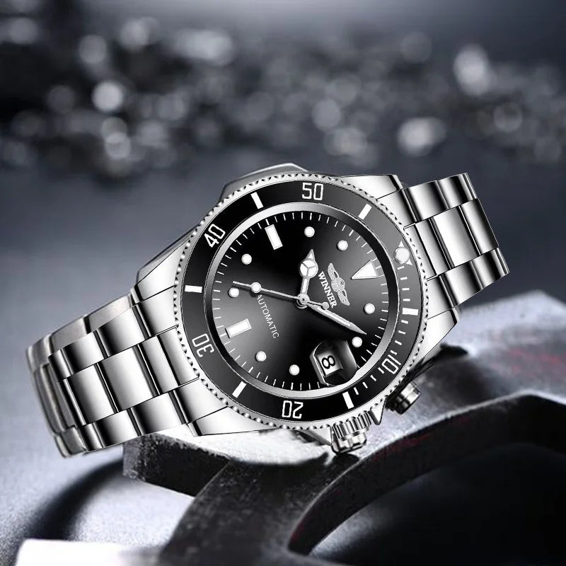 Vencedor 002 relógio mecânico automático masculino avançado à prova dwaterproof água pulseira de aço inoxidável calendário luz noturna relógio de luxo masculino
