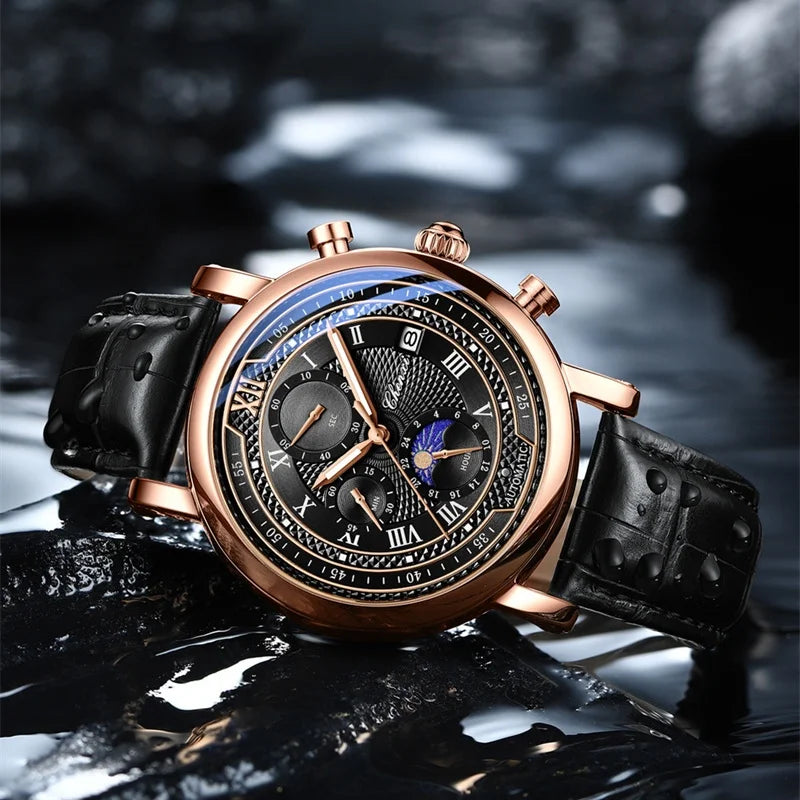 CHENXI-Relógio de quartzo de couro 976 masculino, fase da lua, cronógrafo luminoso, relógio de pulso comercial, relógio de pulso comercial