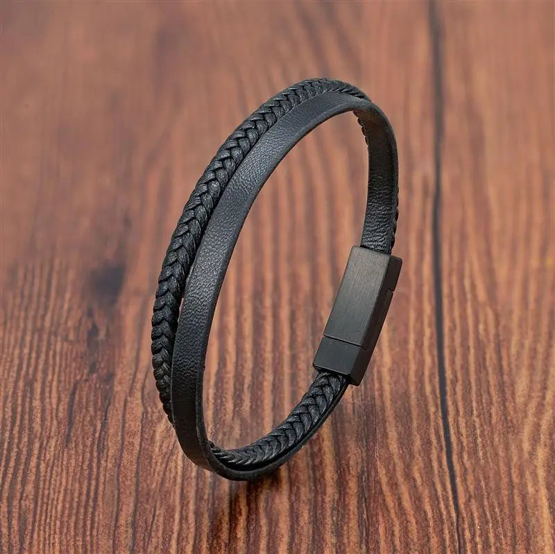 Simple Style Men's Black Genuine Leather Bracelet Classic Stainless Steel Insert Double-layer Braid Bangles For Men Friend Gift