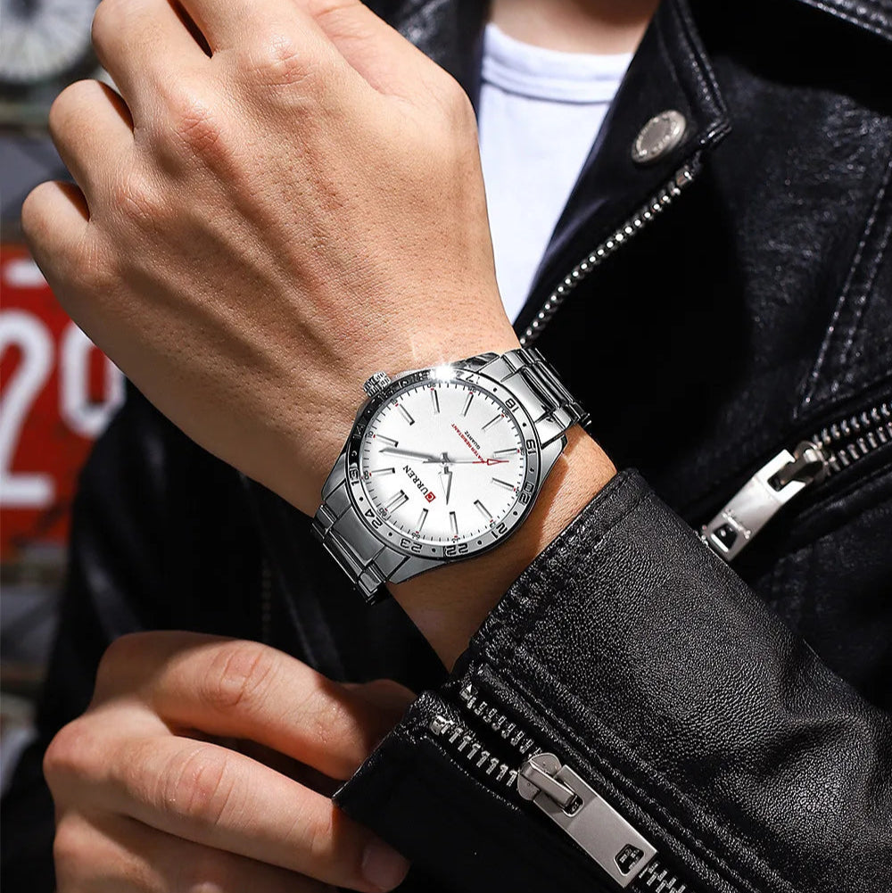 Curren 8452 relógio de quartzo masculino simples moda lazer relógio de negócios preto prateado pulseira de aço inoxidável relógio de pulso para masculino