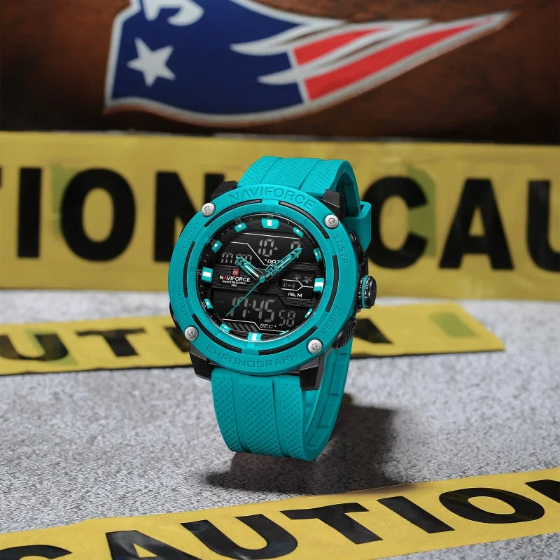 NAVIFORCE 7114 Relógio de pulso eletrônico de quartzo masculino com display duplo calendário pulseira de silicone à prova d'água relógios esportivos casuais para homens