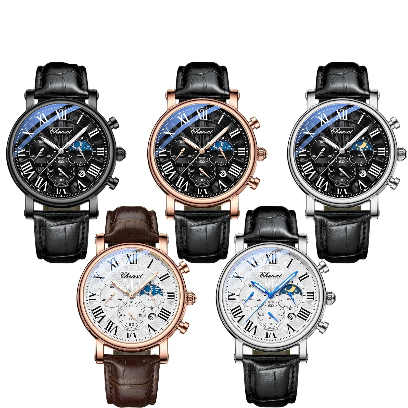 Chenxi 973 relógio de quartzo masculino moda negócios fase da lua data multifuncional cronógrafo pulseira de couro relógio de pulso para masculino