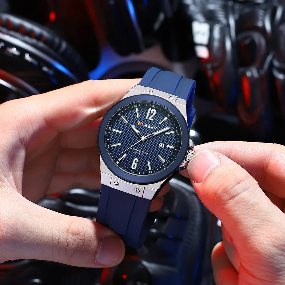 Curren 8467 relógio esportivo masculino de quartzo, pulseira de silicone, calendário à prova d'água, relógios de moda para homens, relógio de pulso casual luminoso masculino